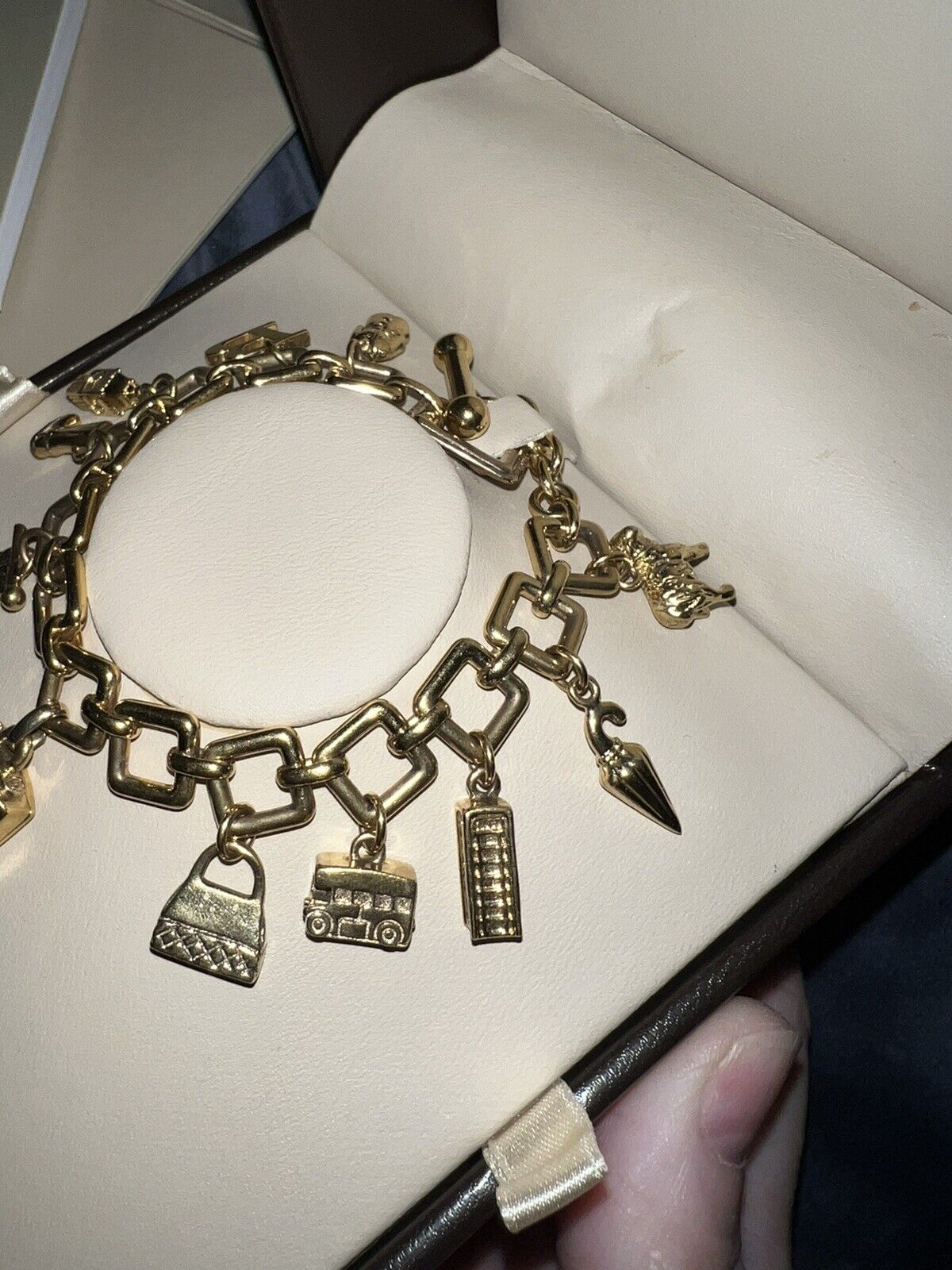 BURBERRY Gold Plated Charm Bracelet Watch RARE Box, Manuals, Tags Needs Battery