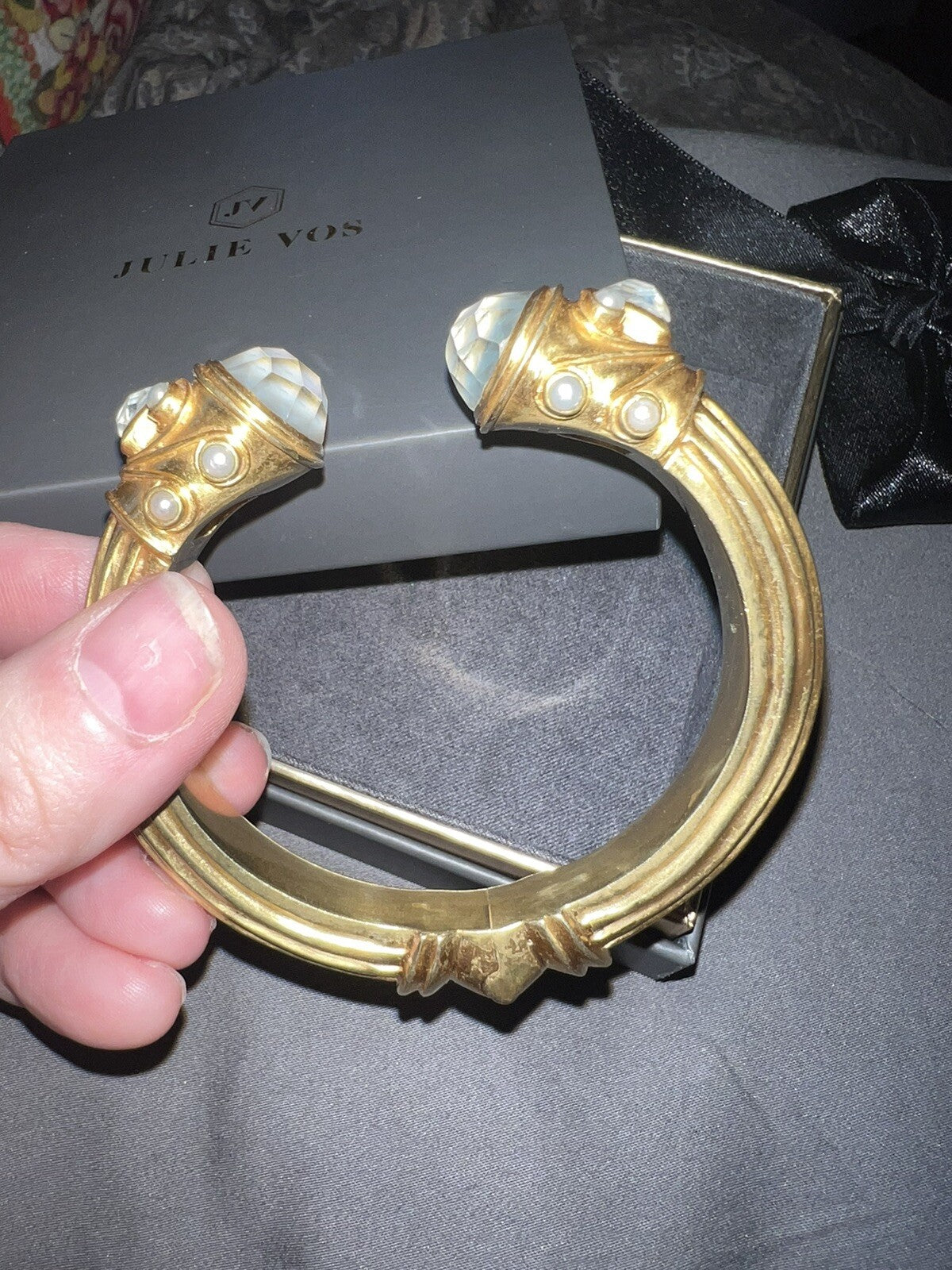 Julie Vos Large Bangle Bracelet Cuff Hinged Iridescent Clear Stones & Pearls Julie Vos