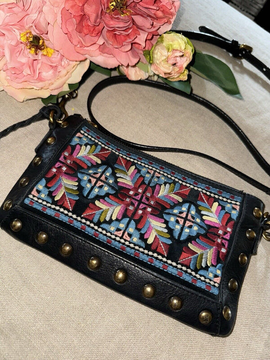 Johnny Was Crossbody Embroidered Purse Bag Tote Studs Tassels Gently Preowned