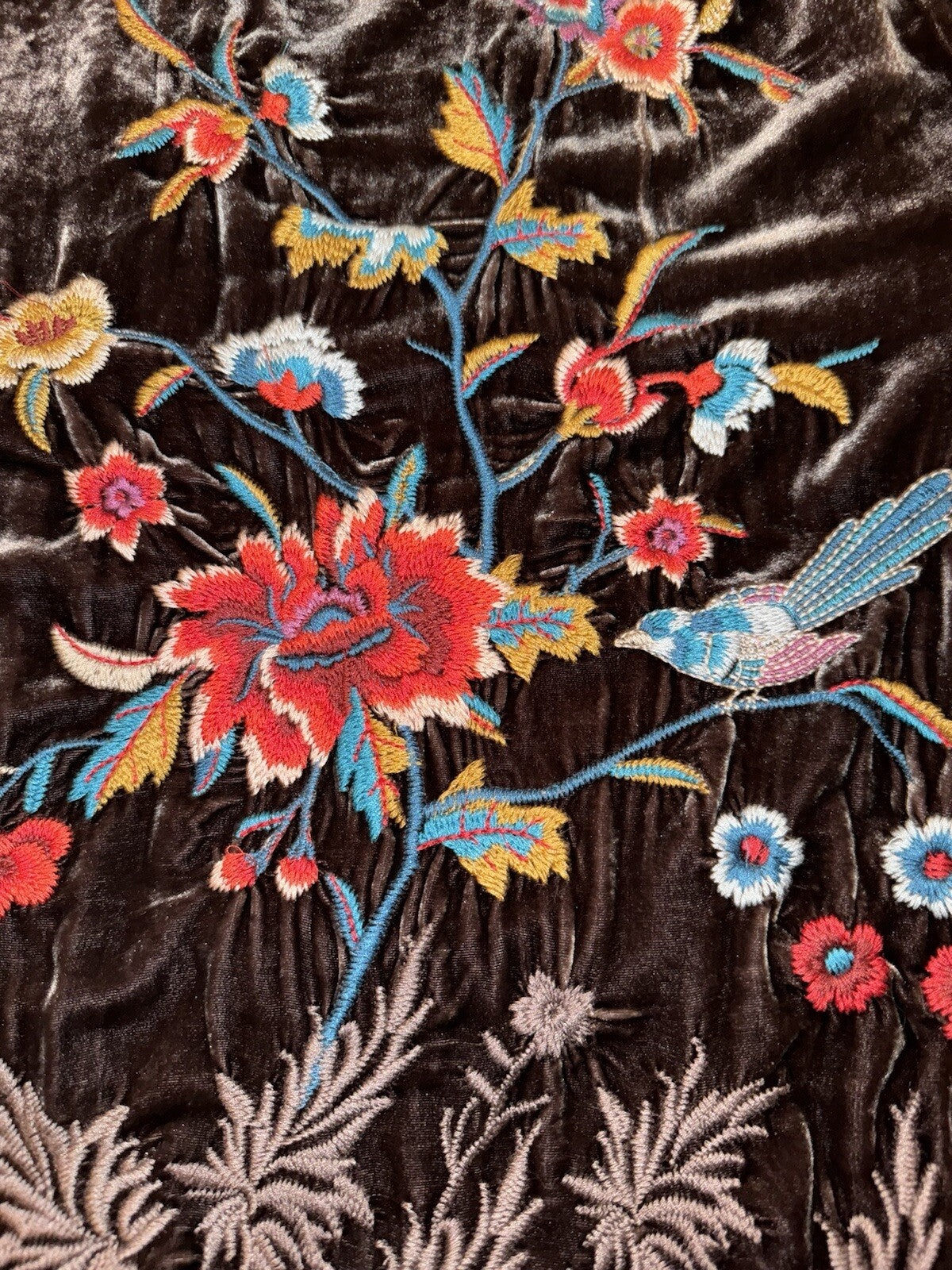 Johnny Was L Brown Velvet & Silk Panel Kimono Embroidery Wrap Cardigan Jacket Johnny Was