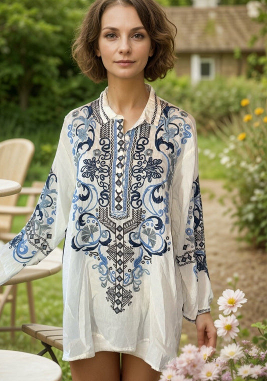 Johnny Was XL Blue & White Button Up Blouse Shirt Embroidered Floral Top Cool Johnny Was