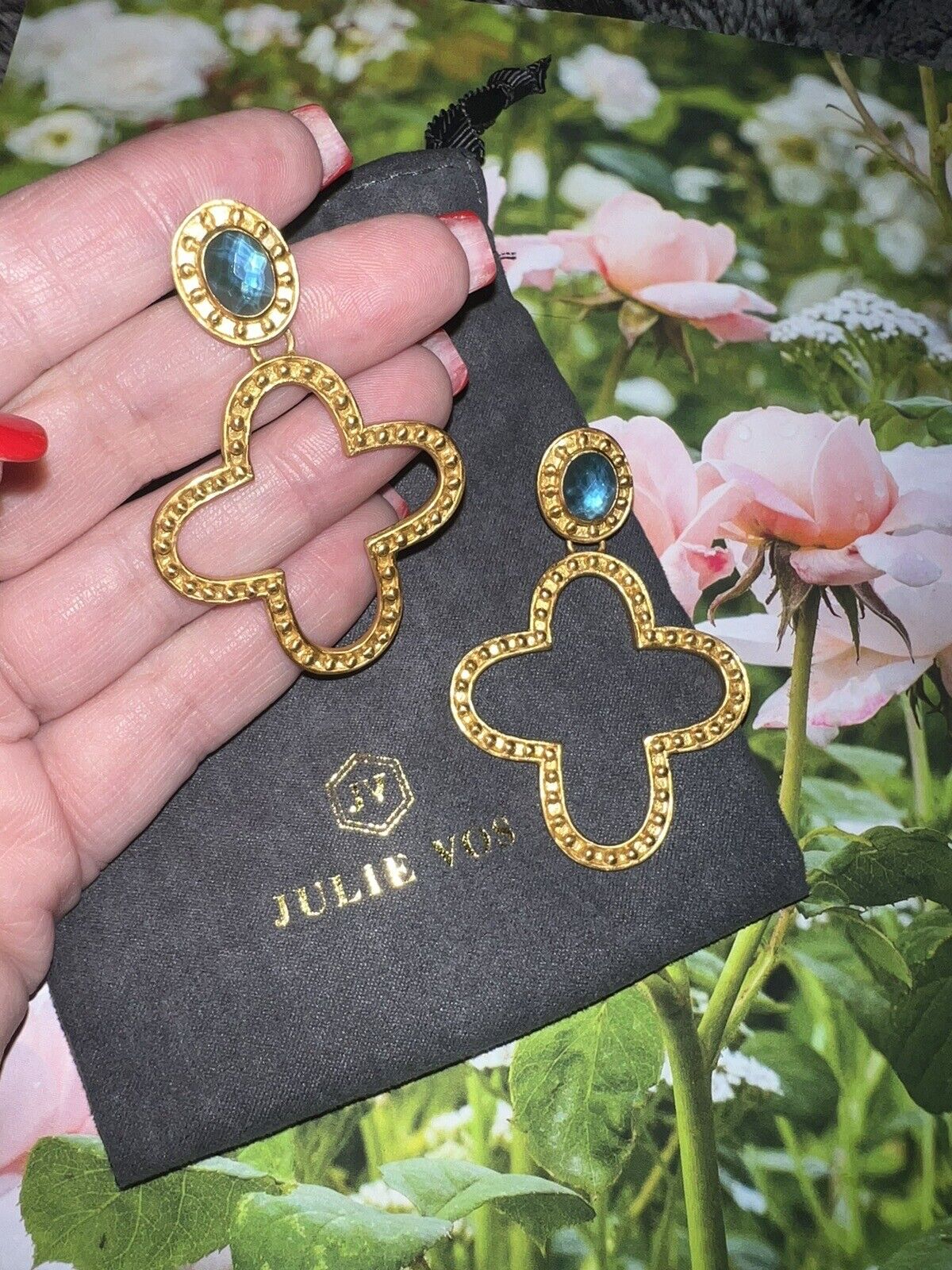 Julie Vos 24k Gold Plate & Blue Stone Cross Statement Earrings WOW