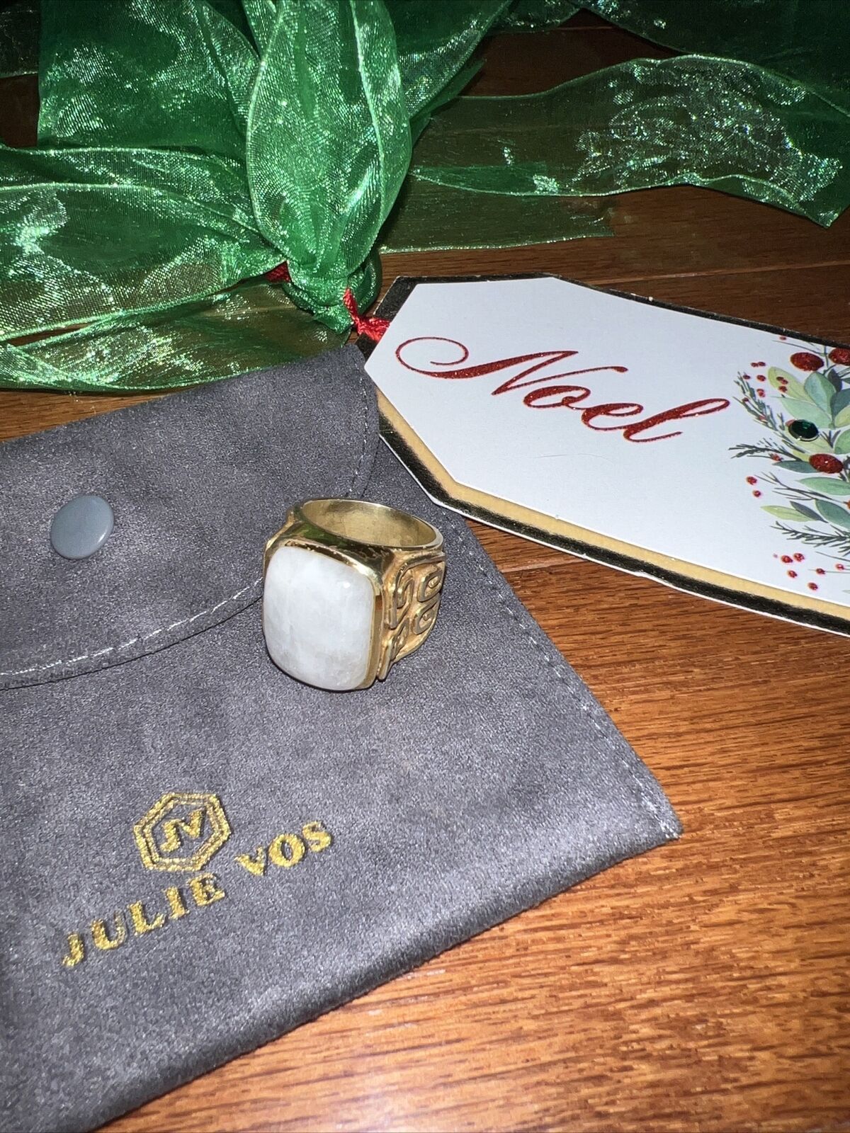 Julie Vos Greek Key Moonstone 24k Gold Plate Ring Sz 7