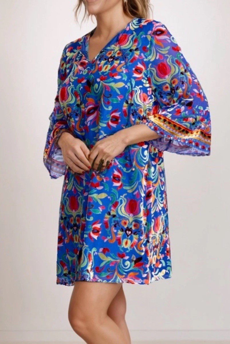 Johnny Was XXL Burnout Velvet Blue & Red Mini Shift Dress Silk Lining $388 Johnny Was