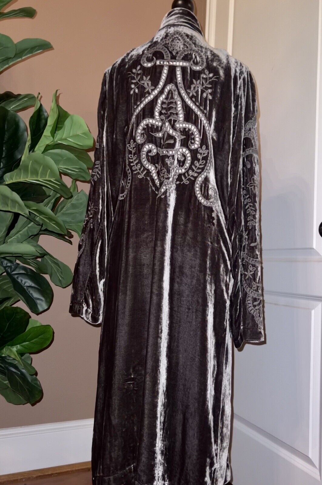 Johnny Was Grey Velvet Long Kimono Duster Wrap M Medium Eyelet Lace