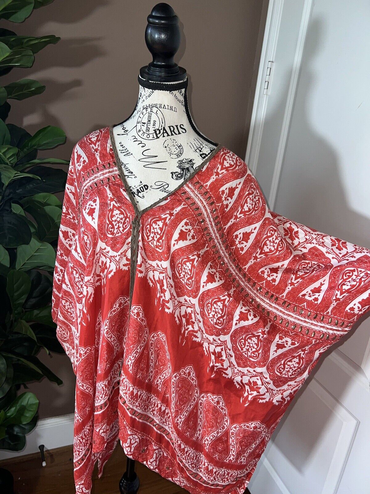 Johnny Was Red O/S 100% Silk Kimono Top Cover Up Leather Tassels & Sequins