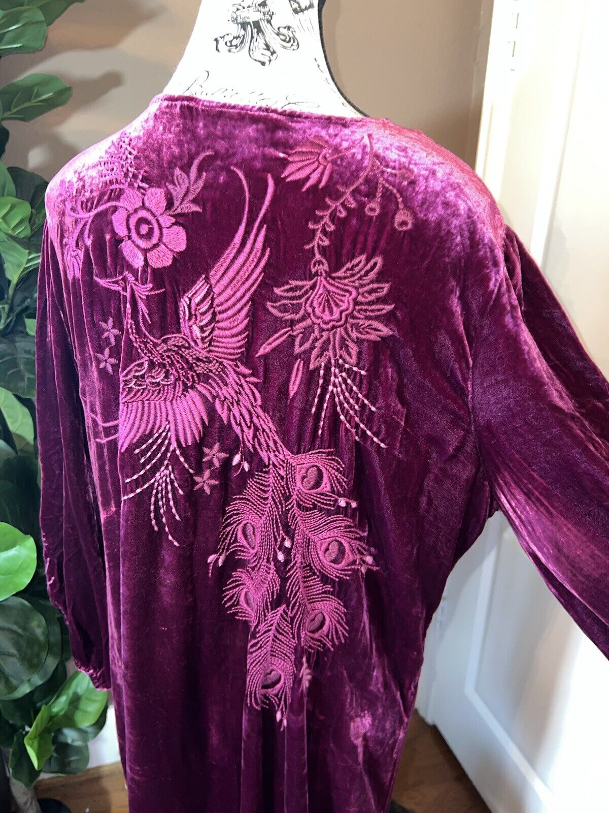 Johnny Was Large Wine Velvet Mini Shift Dress Peacock Embroidered Tunic Top