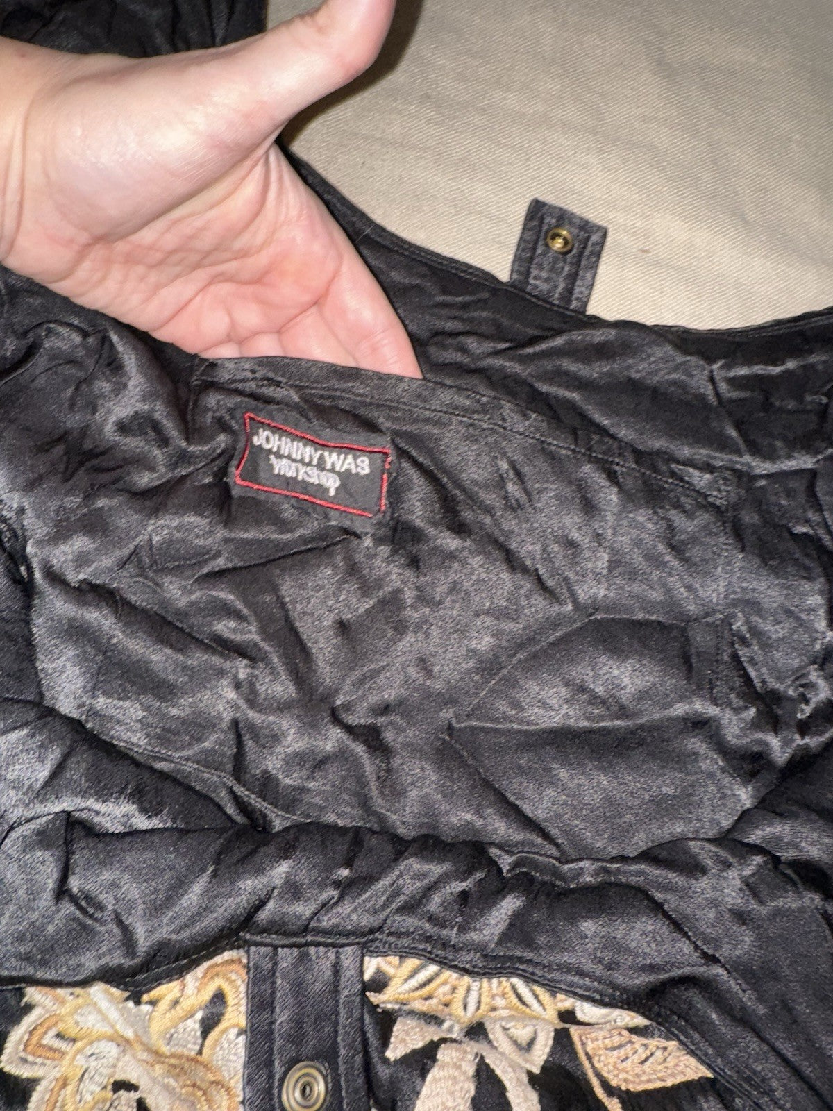 Johnny Was Large Black & Gold Satin Hobo Bag Slouch Tote Purse Embroidered Johnny Was