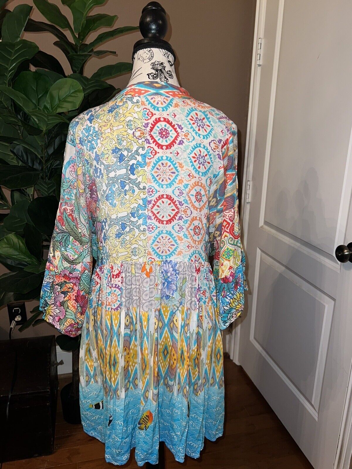 Johnny Was SZ L Large Cotton Floral Tunic Top Mini Dress Kimono Sleeves Tassels