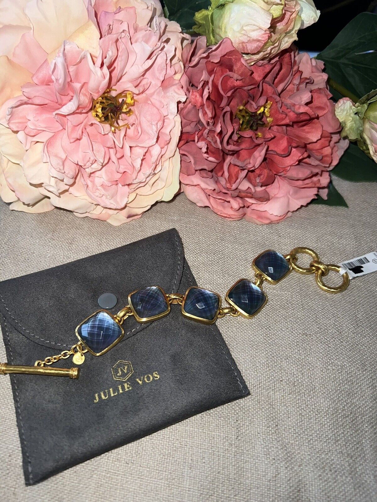 Julie Vos 8” Large Size Deep Blue 24k Plated Link Bracelet Adjustable Toggle