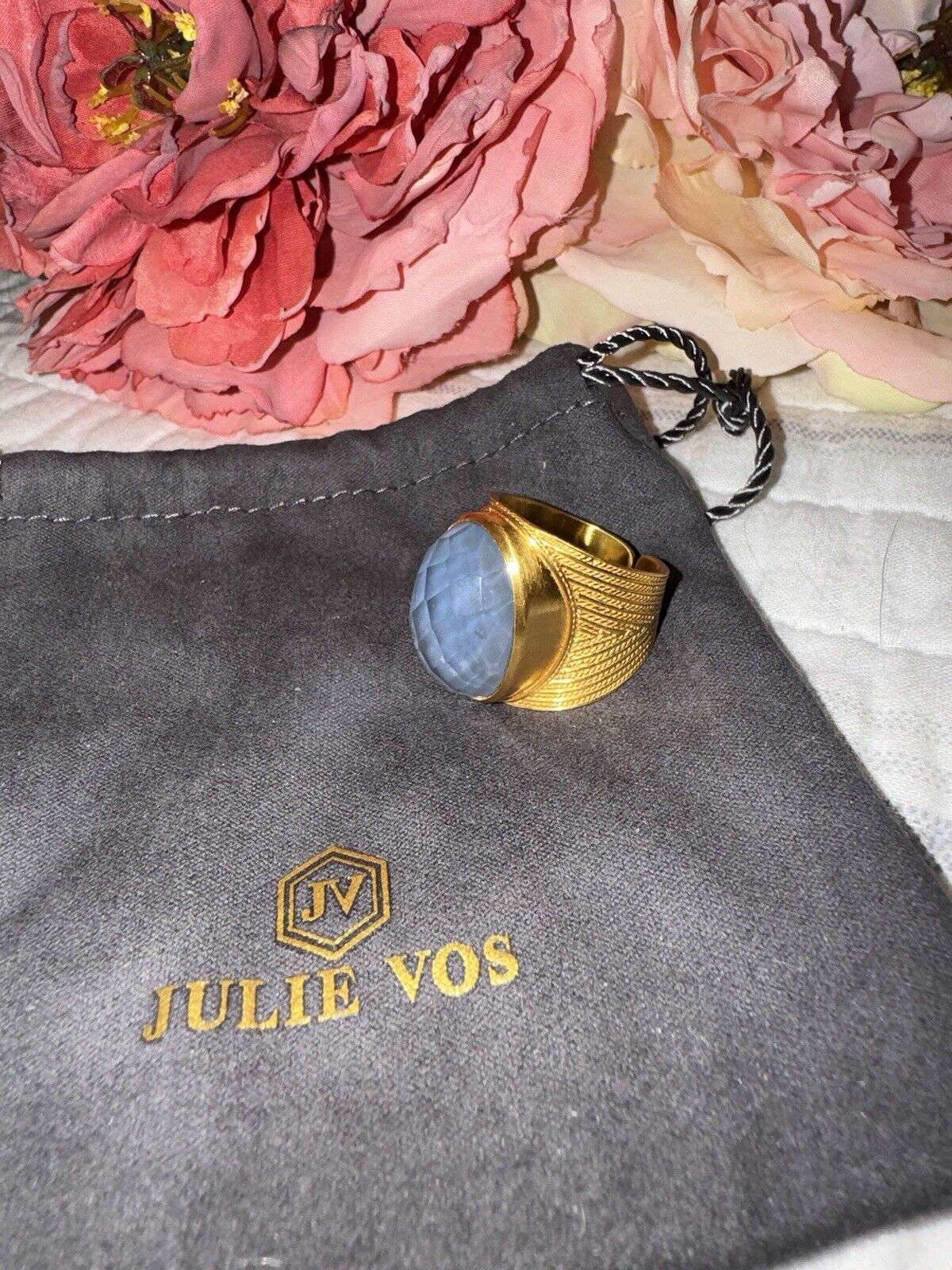 Julie Vos Ring Iridescent Soft Blue & 24k Gold Plate Sz 9 ADJUSTABLE