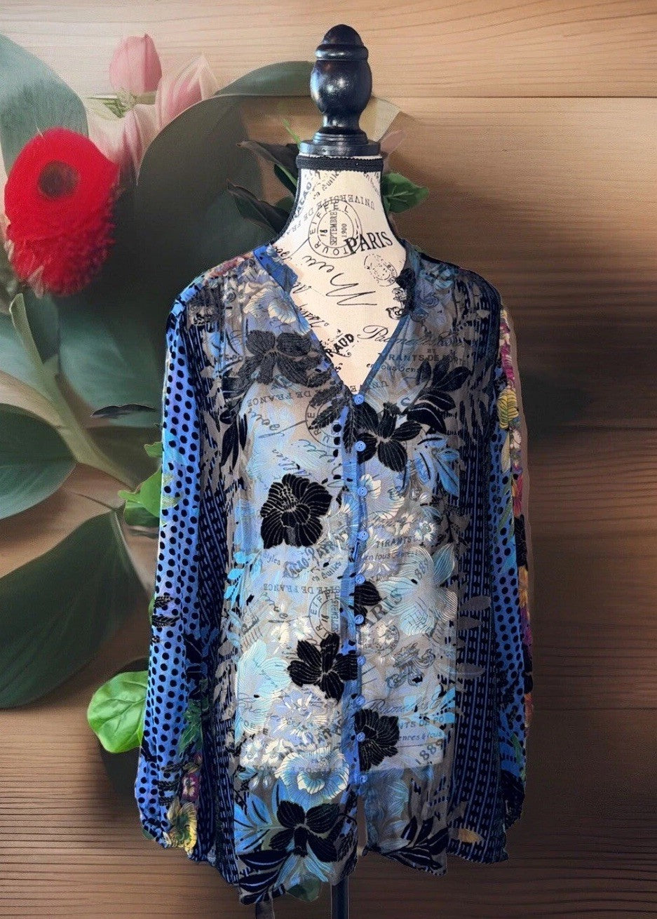 Johnny Was XL Blue Burnout Velvet Button Up Tunic Top Blouse Shirt *No Cami Johnny Was