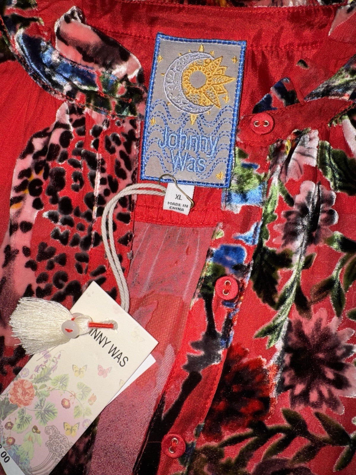 Johnny Was Sz XL Red Burnout Velvet & Silk Button Up Blouse Tunic Top Shirt Johnny Was