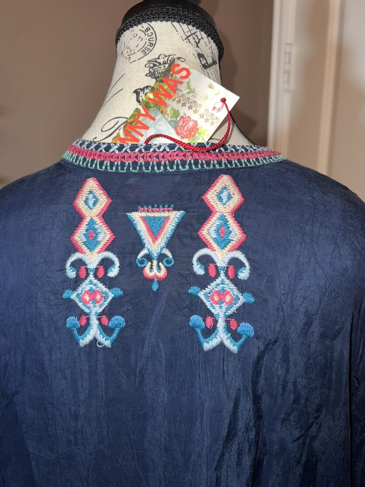 Johnny Was 3X 3XL Heavily Embroidered Silky Navy Tunic Top Kimono Sleeve