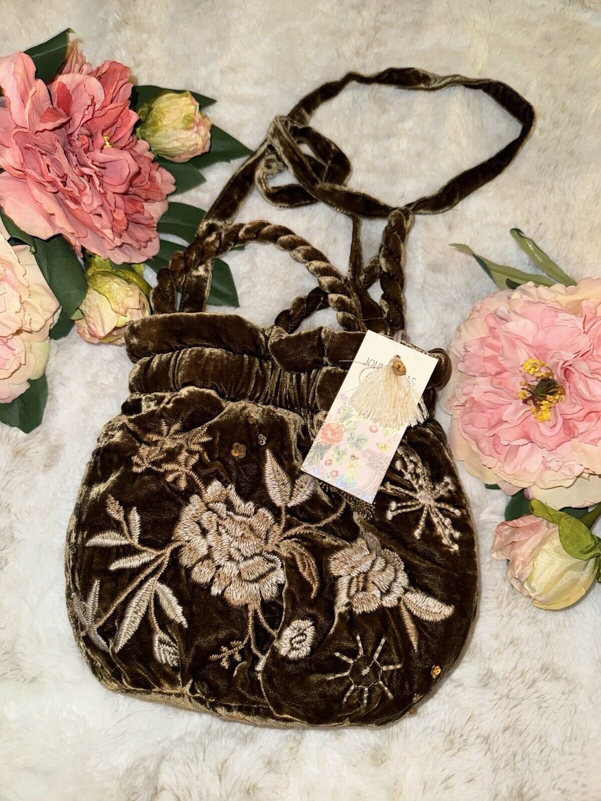 Johnny Was Gold Brown Velvet Embroidered Hobo Bucket Bag Tote Purse Crossbody