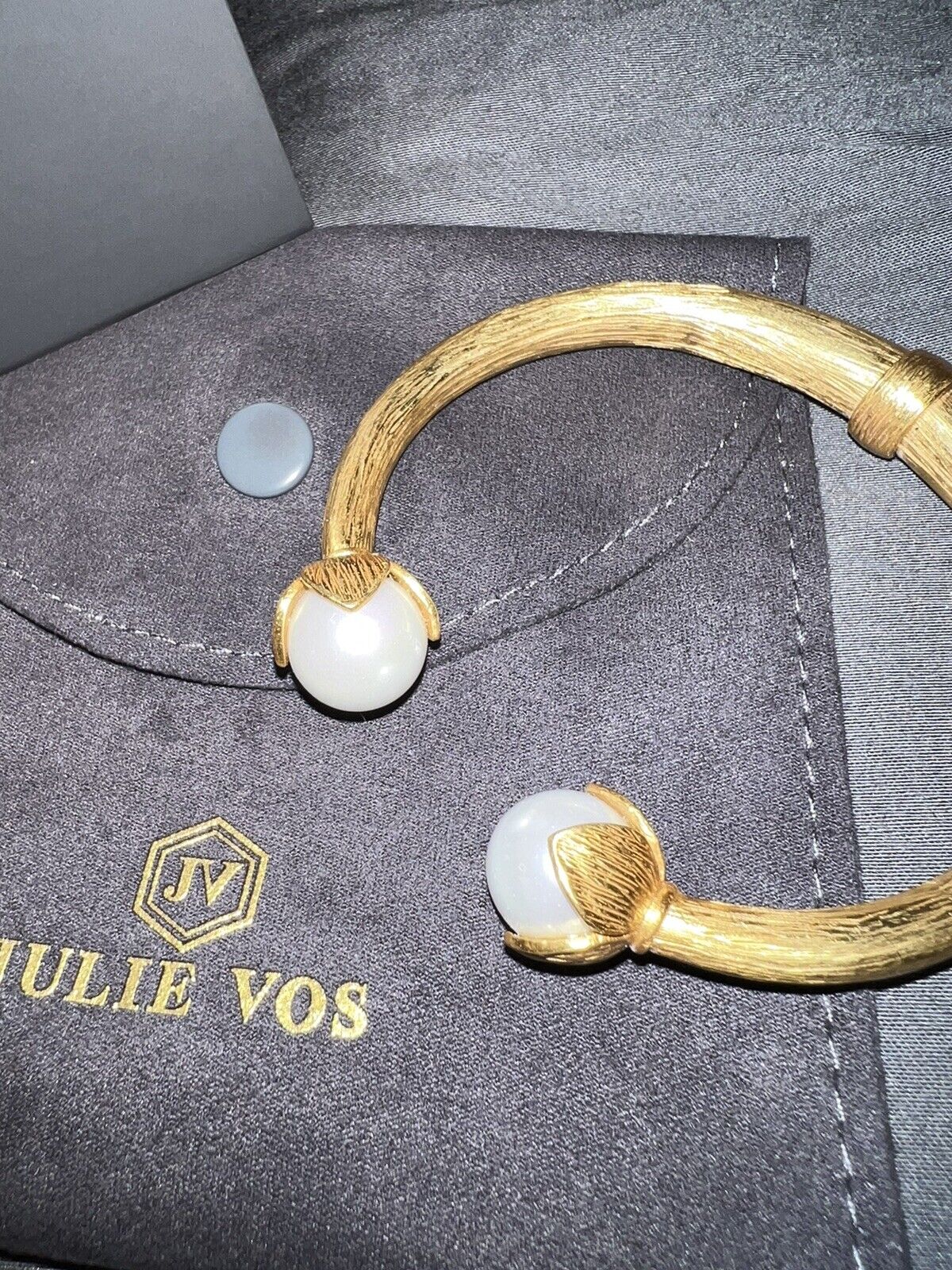 New Julie Vos Double Pearl 24k Gold Plate Hinged Bangle Bracelet NWOT