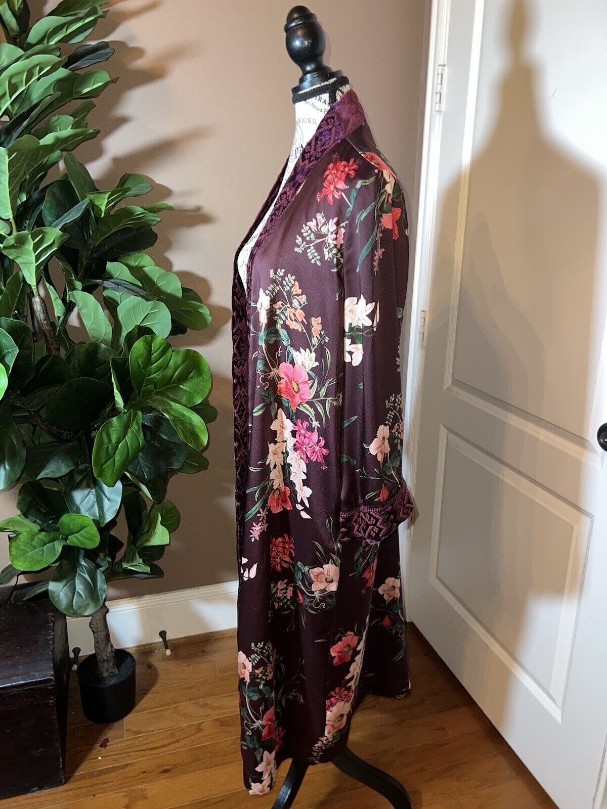 Johnny Was Silk Lined Long Kimono Duster Wrap XL 1X 1XL Velvet Trim Pockets