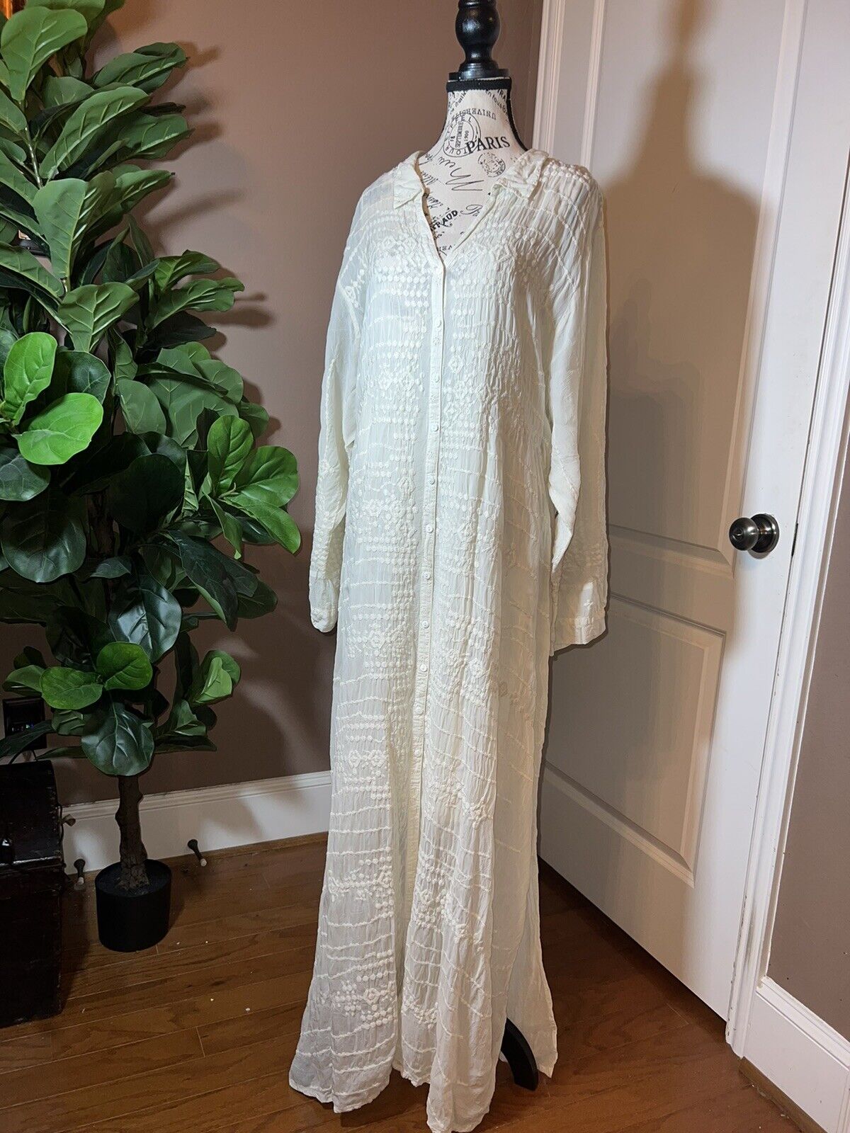 Johnny Was Ivory Silky Embroidery & Lace Kimono Dress Beach Wedding  XXL 2XL 2X