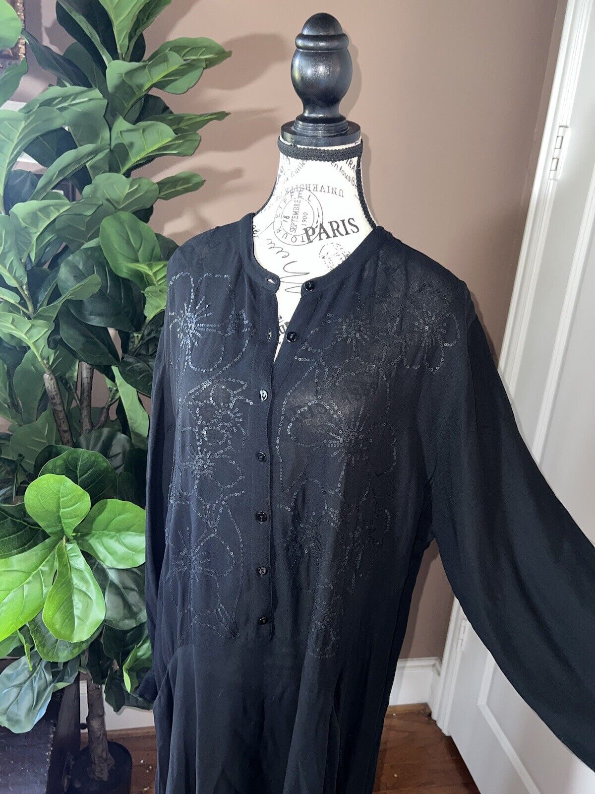 Johnny Was Black XL 1X Maxi Dress Long Flowy Handkerchief Hem Sequins