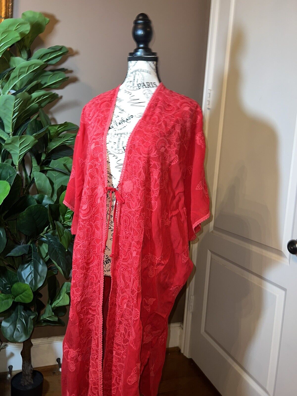 Johnny Was O/S Long Kimono Wrap Dress Cover Up Red Raspberry Embroidered