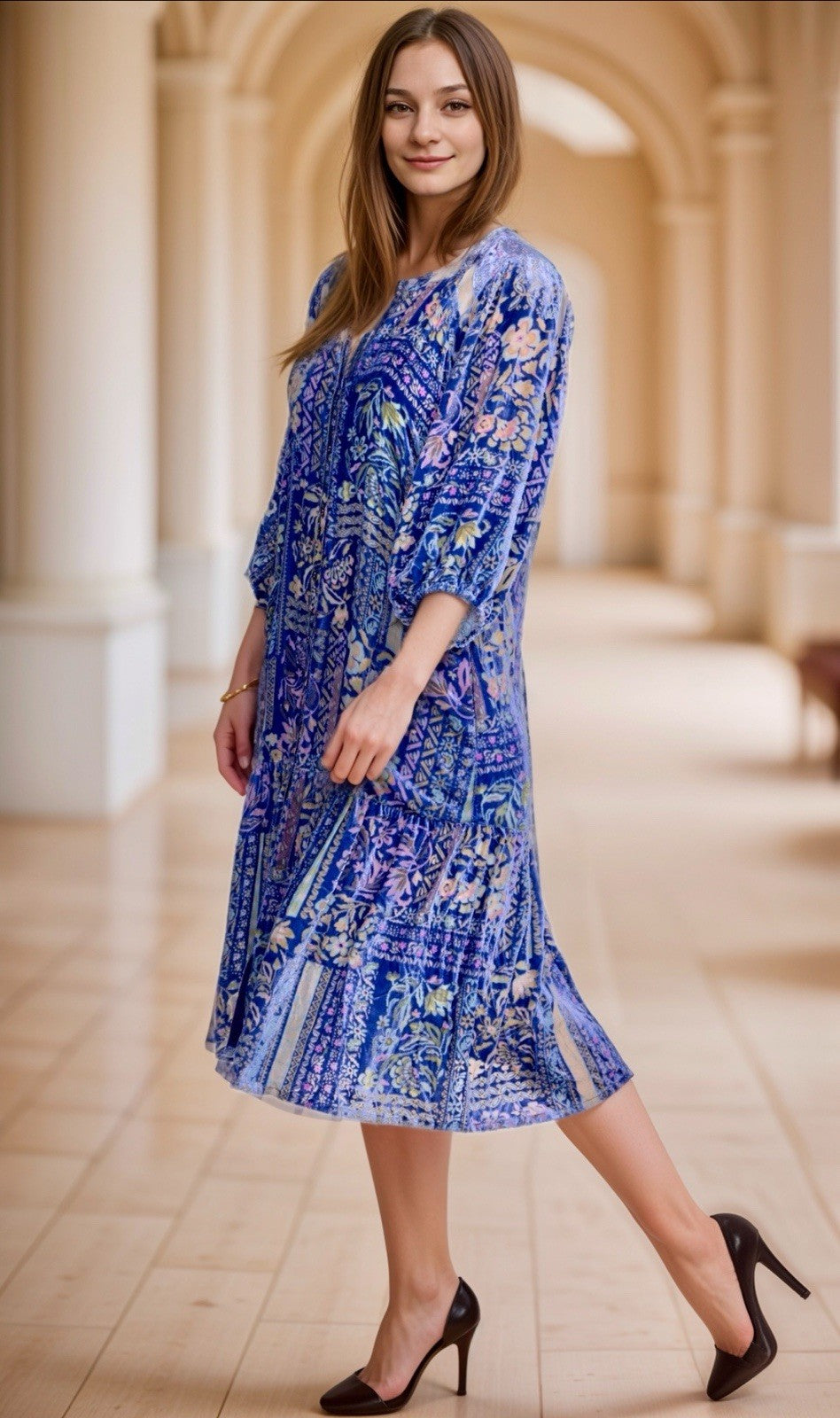 Johnny Was 3X Blue & Purple Velvet Burnout Shift MIDI Dress Lightweight Cool Johnny Was