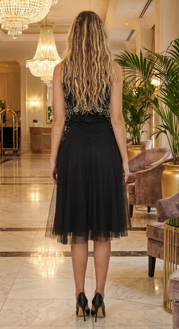 Johnny Was Black Label Sz 8 Jeweled Mesh MIDI Dress Dark Navy $598 Ret Johnny Was