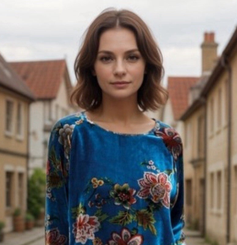 Johnny Was 3X Blue Velvet Tunic Top Floral Long Sleeve Blouse Shirt Mini Dress Johnny Was