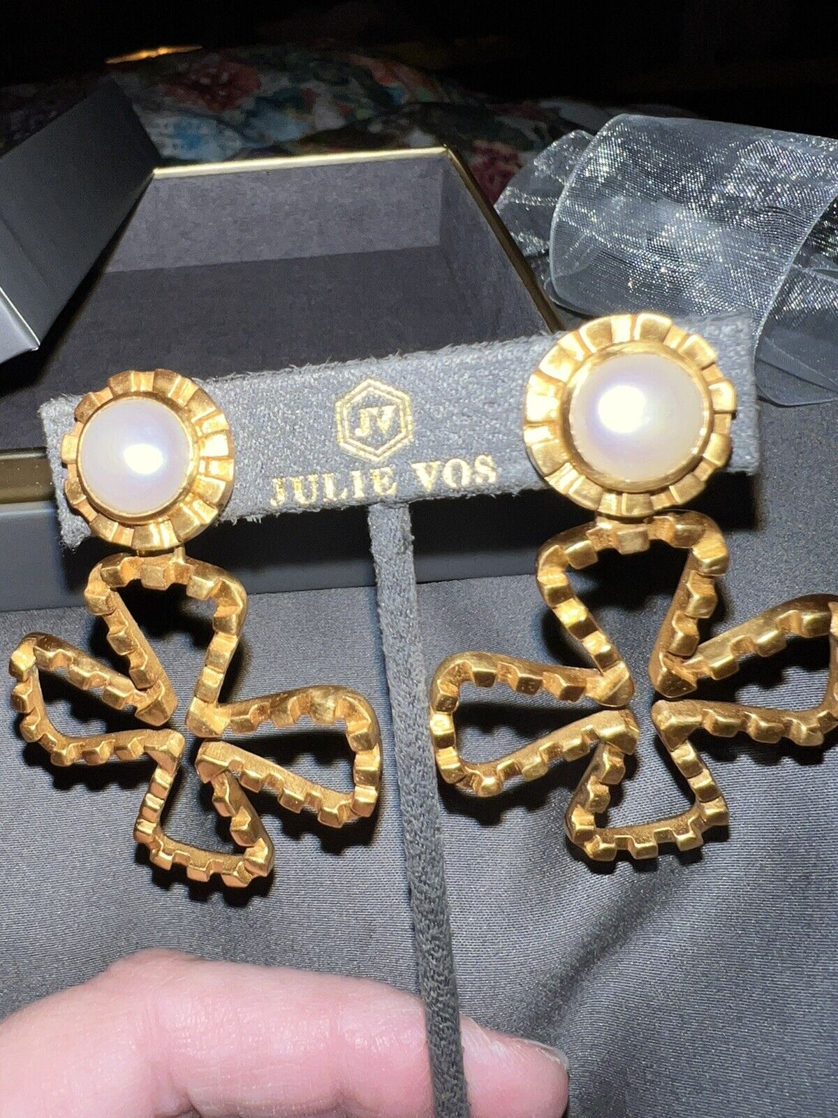 Julie Vos 24k Gold Plate & Pearl Cross Statement Earrings WOW