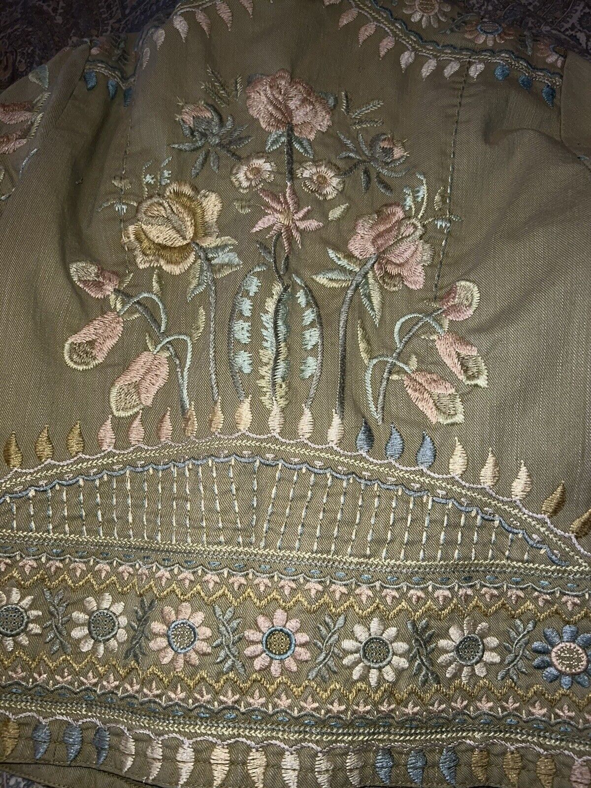 Johnny Was Embroidered Denim Jacket Coat Light Green/Lovely Soft Pink Flowers S