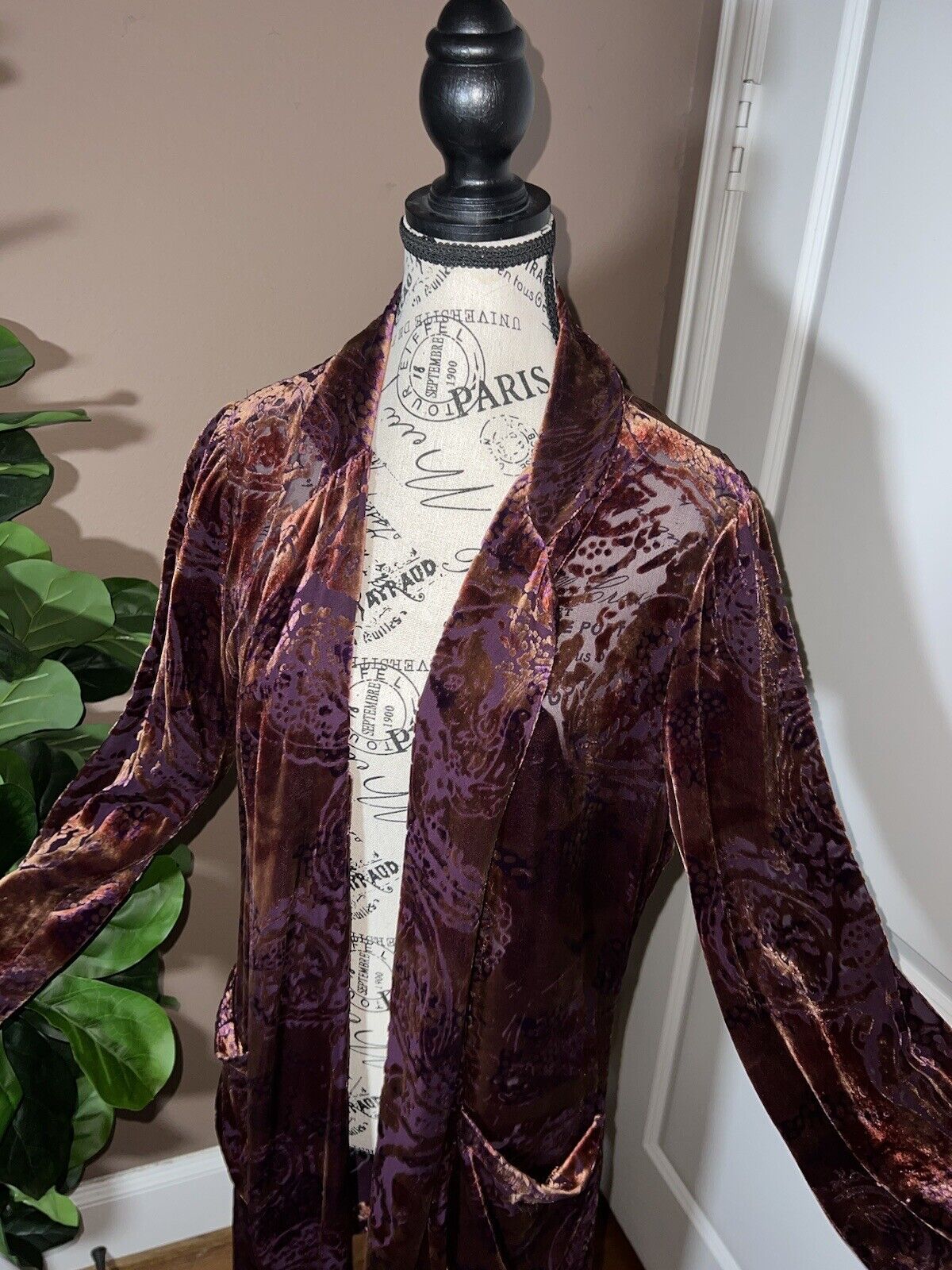 Johnny Was Burnout Velvet Long Kimono Duster Wrap M Medium Burgundy Wine Classic