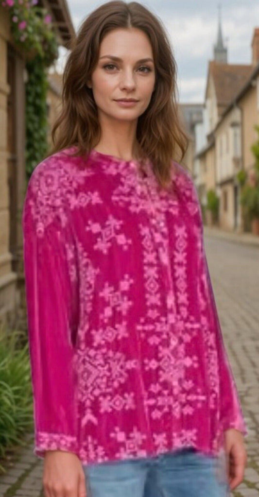 Johnny Was XL 1X Velvet Fuchsia Pink Button Up Shirt Tunic Top Blouse