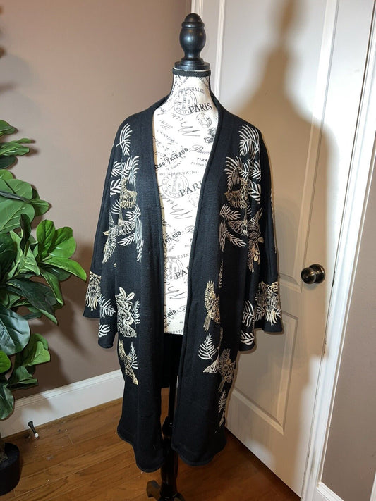 Johnny Was Black Embroidered Sweater Kimono WRAP Sz XL 1X 1XL Phoenix & Fern