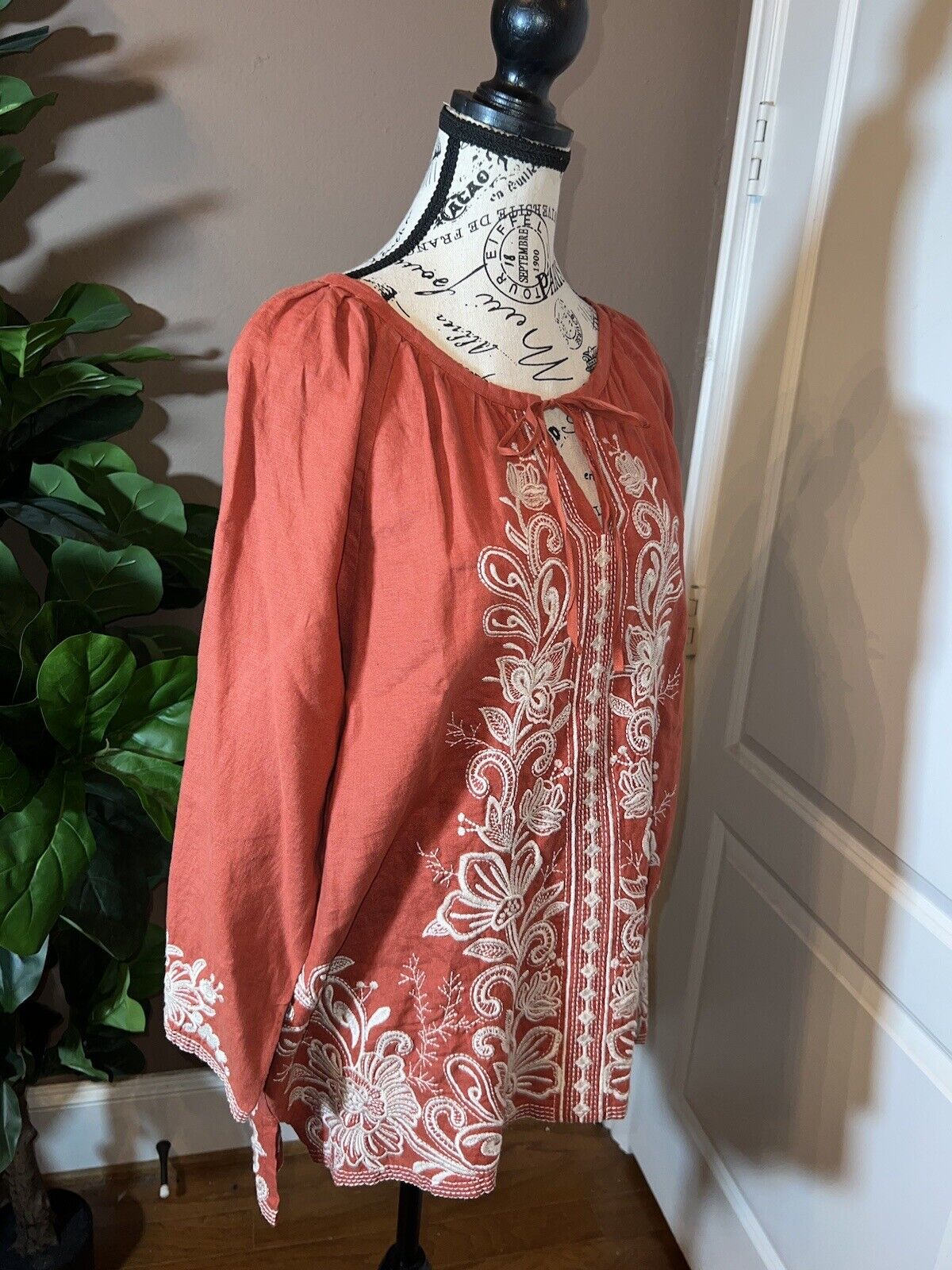 Johnny Was L Large Linen Kimono Sleeve Peasant Top Floral Embroidered