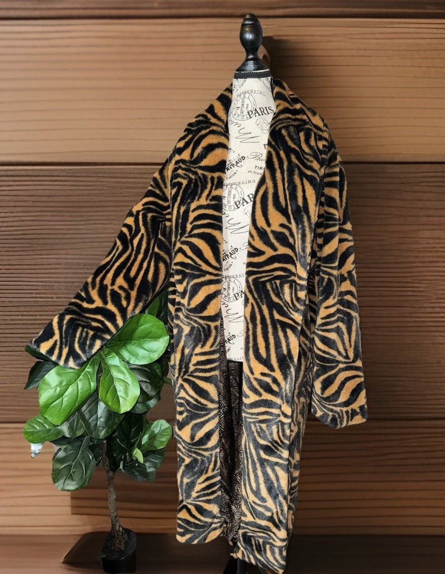 Johnny Was XL Faux Fur & Silk Tiger Stripe Long Length Coat Jacket Wrap Johnny Was