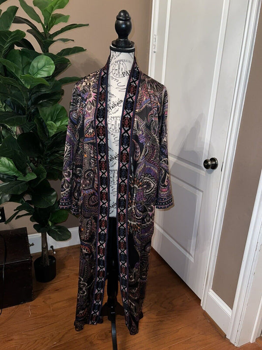 Johnny Was Velvet & Silk Mix Long Kimono Duster L Large Embroidered Wrap