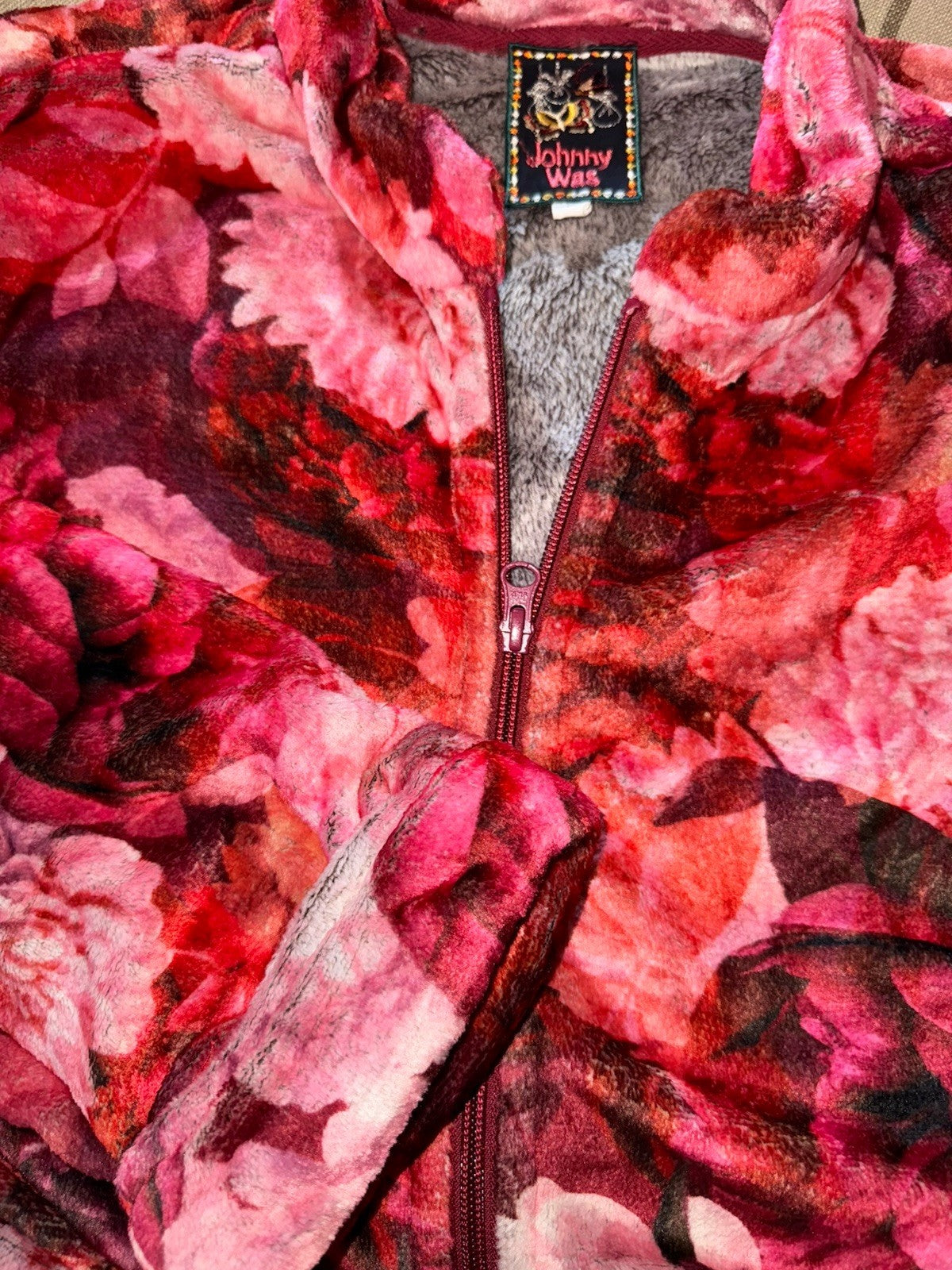 Johnny Was L Large Red Roses Zip Up Robe Bathrobe Housecoat Soft & Warm Johnny Was