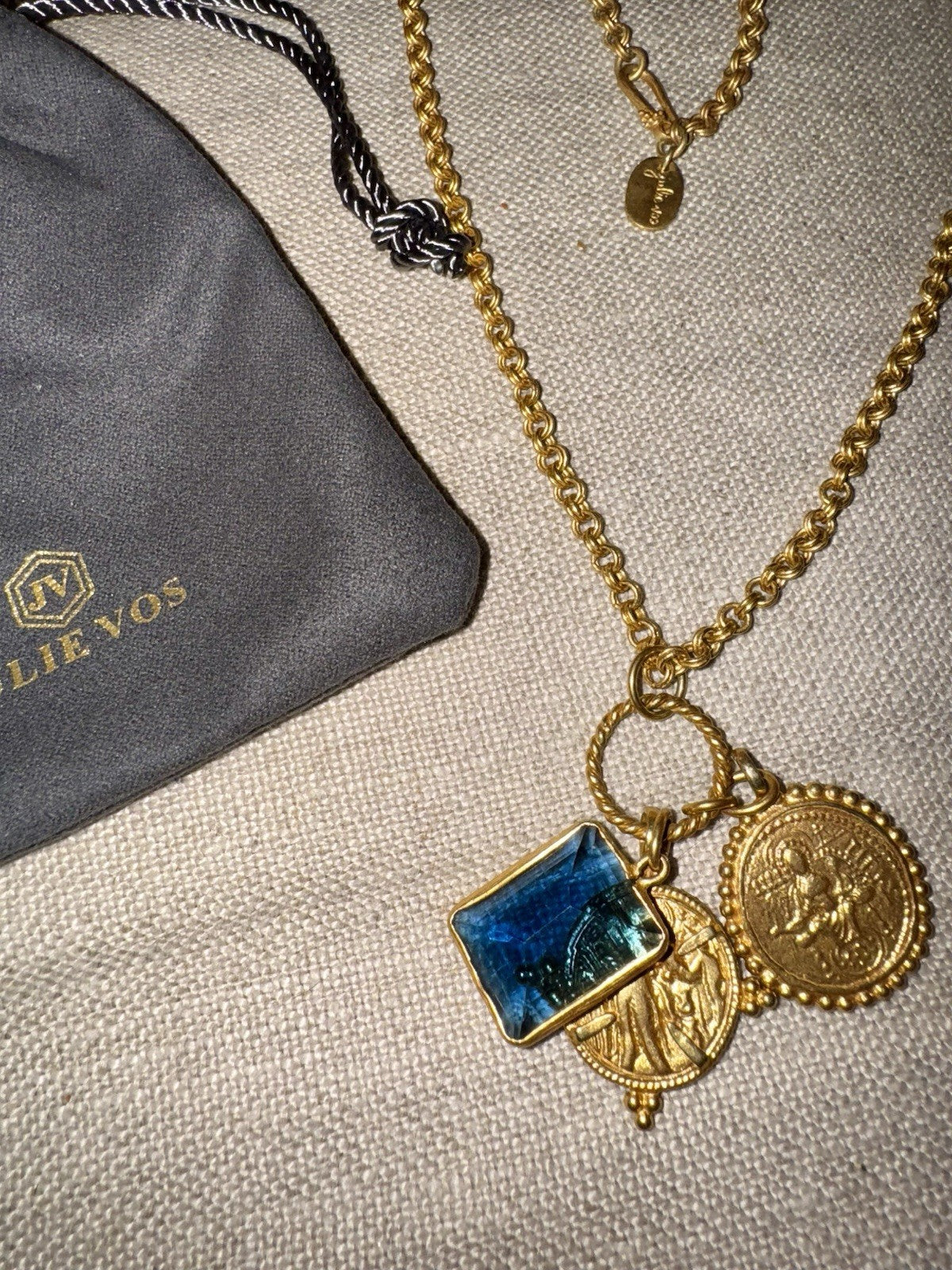 Julie Vos Necklace Sapphire Blue Glass & Gold Coin Pendant 24k Plated RETIRED Julie Vos