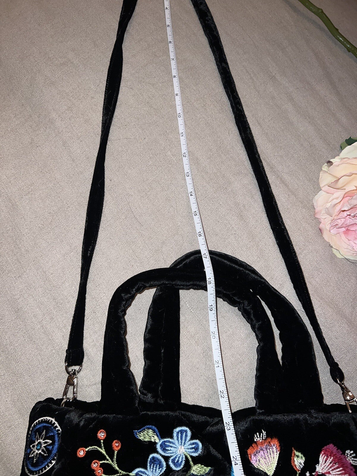 Johnny Was Black Velvet Embroidered Hobo Bag Tote Purse Crossbody Floral Johnny Was