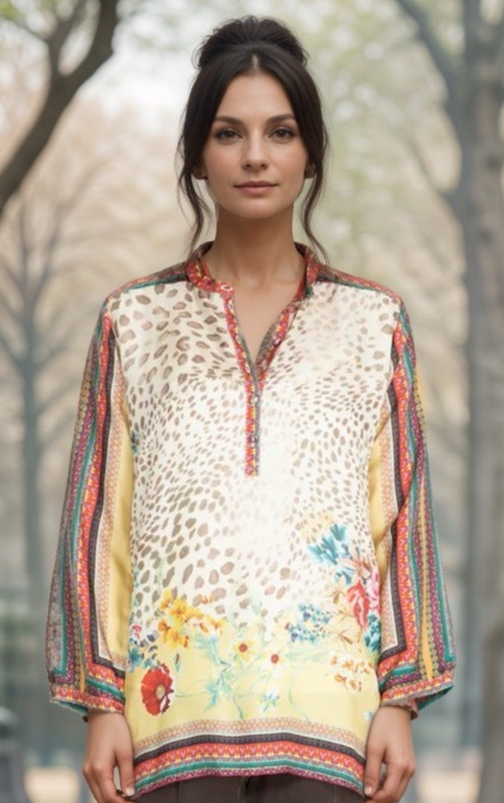 100% Silk Johnny Was Tunic Top XL Soft & Flowy Leopard & Flower Johnny Was