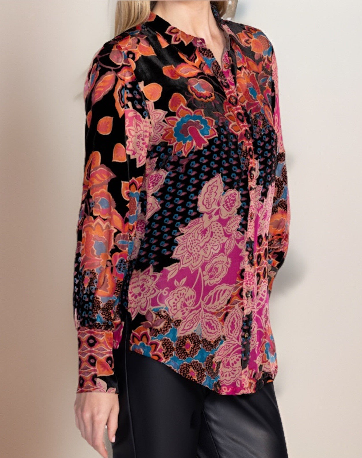 Johnny Was 2X Plus Button Up Blouse & Cami Burnout Silk & Velvet Top Pink & Red Johnny Was