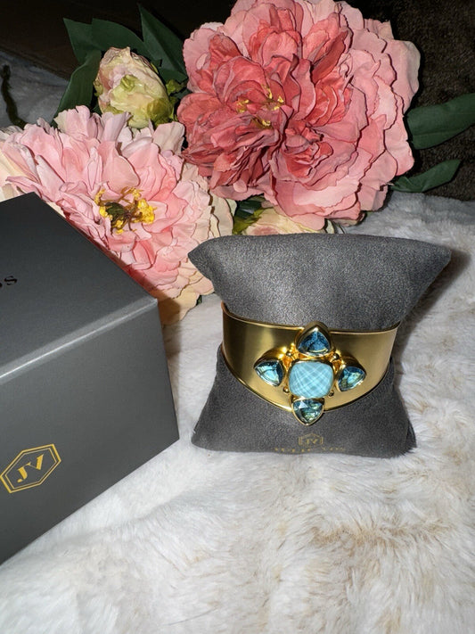 Julie Vos Iridescent Capri Blue 2 Tone Band Cuff Bracelet 24k Gold Plate Julie Vos