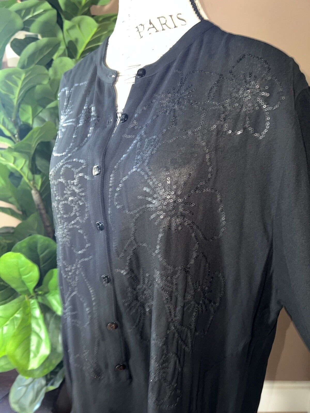 Johnny Was Black XL 1X Maxi Dress Long Flowy Handkerchief Hem Sequins