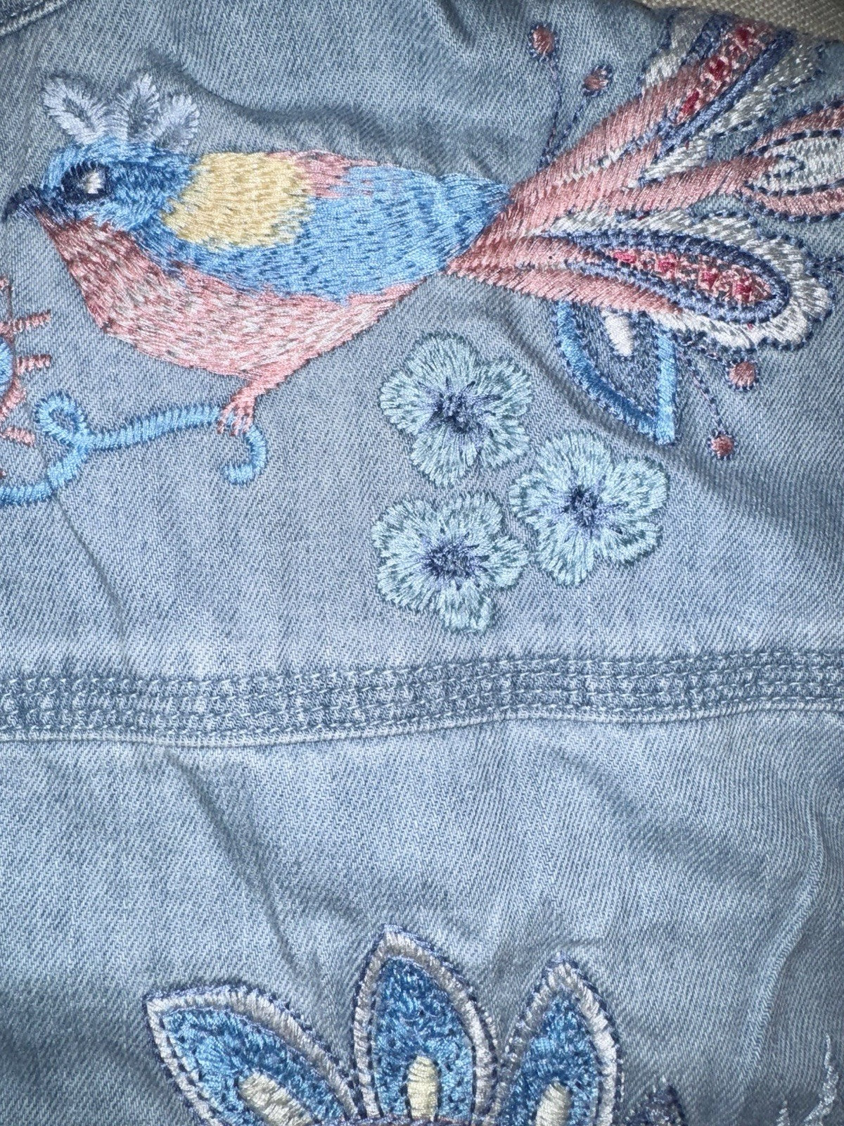 Johnny Was 2X Plus Denim Worker Jacket Coat Embroidered Birds & Paisley Johnny Was