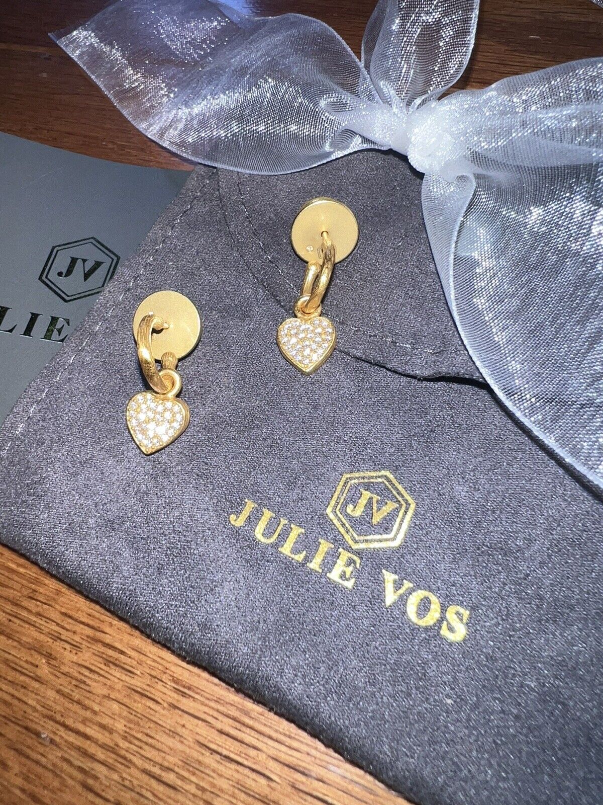 Julie Vos New Pave Heart Hoop & Charm Earrings 24k Gold Plated & CZ