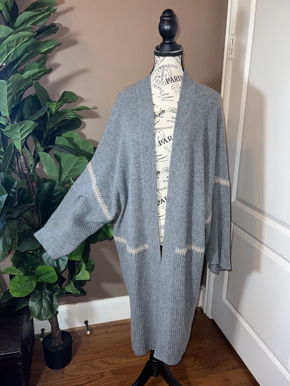 Johnny Was Soft Grey Cashmere Long Kimono Cardigan Wrap Duster L Large