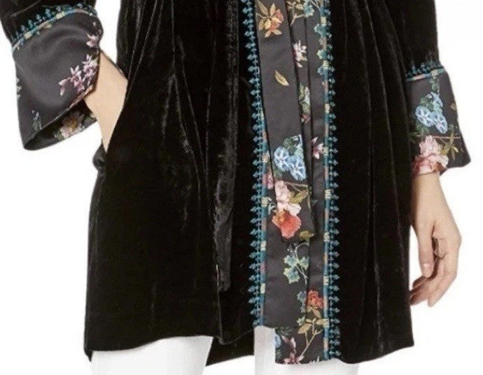 Johnny Was XL Black Velvet & Silk Kimono Embroidered Floral BOHO Wrap Duster Johnny Was