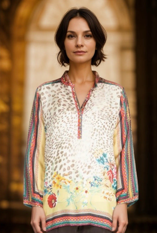 100% Silk Johnny Was Tunic Top XL Soft & Flowy Leopard & Flower Johnny Was