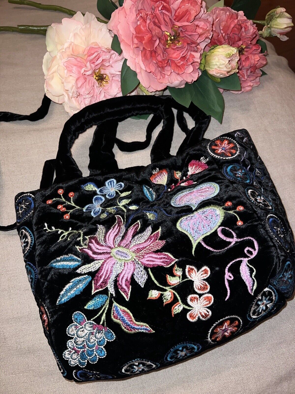 Johnny Was Black Velvet Embroidered Hobo Bag Tote Purse Crossbody Floral