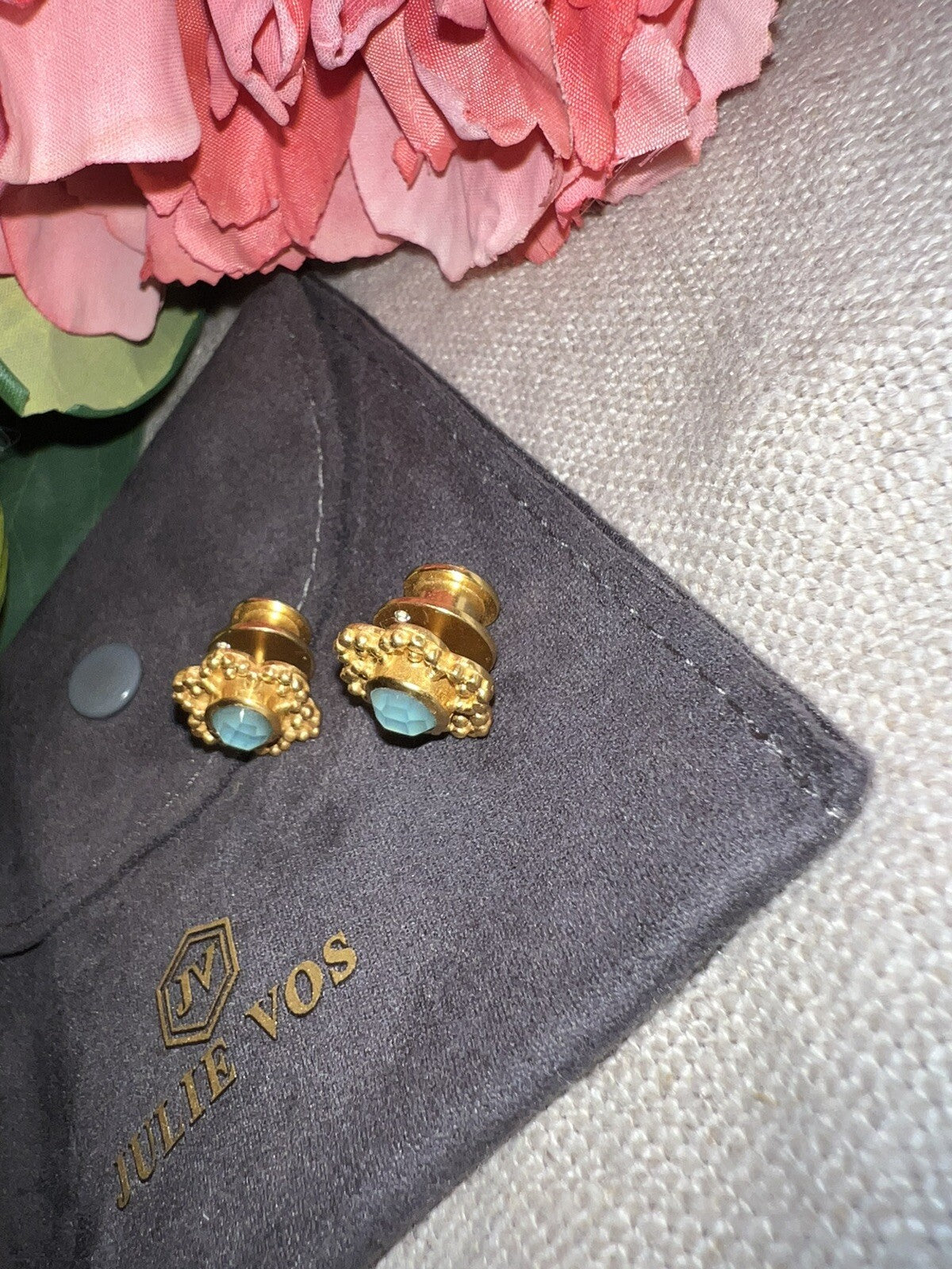 Julie Vos Iridescent Blue Stud Flower Earrings 24k Gold Plated   CLASSIC Julie Vos