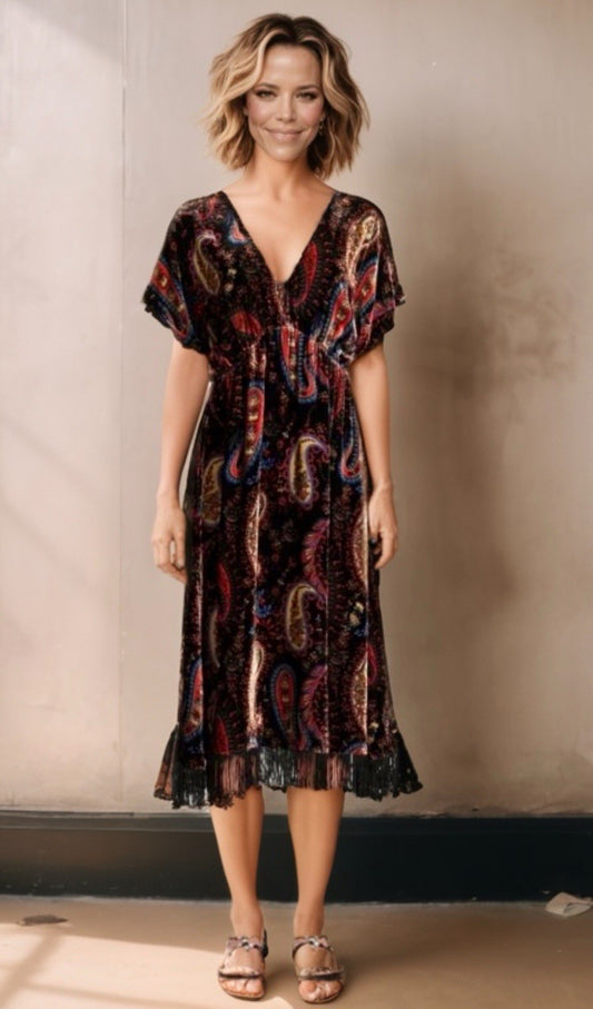 JOHNNY WAS L Large Paisley Velvet Midi Dress Fringe Trim V-Neck $398 Retail Johnny Was